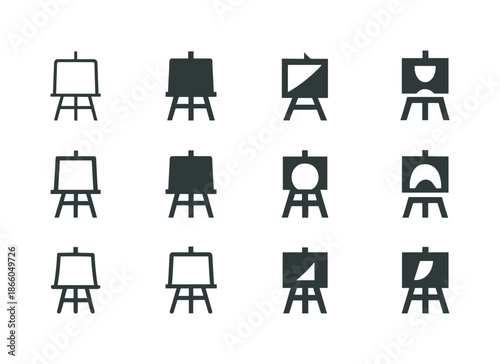 Fine Arts Logo Set. Fine arts. Icon set. Set Logo of fine arts: easel with canvas. harmonious logo variations of the same emblematic concept, each with