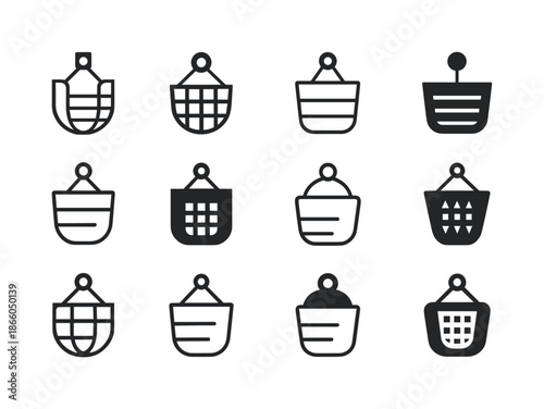Vertical Storage Icons. Using vertical storage solutions. Icon set. Set Logo of Vertical storage solutions: wall-mounted baskets. harmonious logo variations of