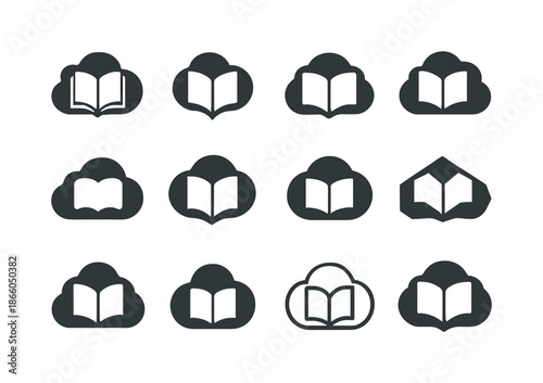 Dreamy Cloud Books. book in the clouds. Icon set. Set Logo of book in the clouds: dreamy storybook. harmonious logo variations of the same emblematic concept,