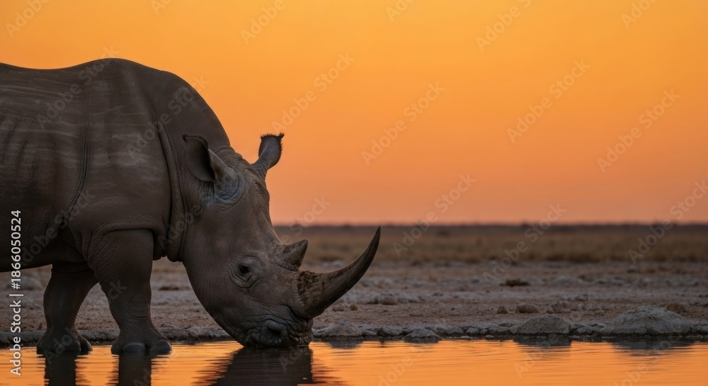 Fototapeta premium A rhino drinks at a waterhole as the African sunset bathes the scene in warm hues