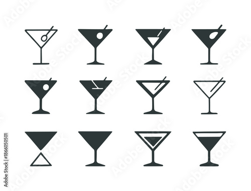Martini Icon Set. Martini. Icon set. Set Logo of martini: Classic martini glass. harmonious logo variations of the same emblematic concept, each with different