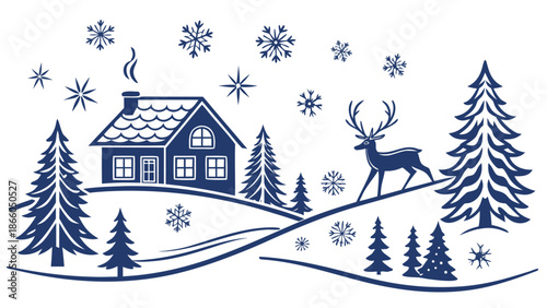 Cozy winter cabin scene with deer and snowflakes falling