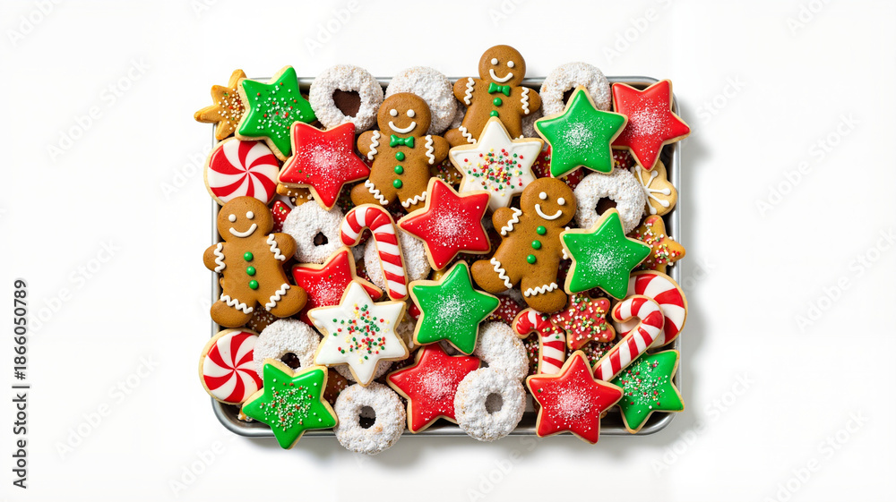 Obraz premium Assortment of sweet Christmas cookies in baking pan. Holiday baking and festive dessert treat for December celebration.