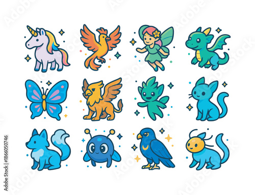 Magical Creatures Icons. Magical Creatures. Colorful isometric vector icons set of Magical Creatures: unicorn, phoenix, fairy, tiny dragon, enchanted
