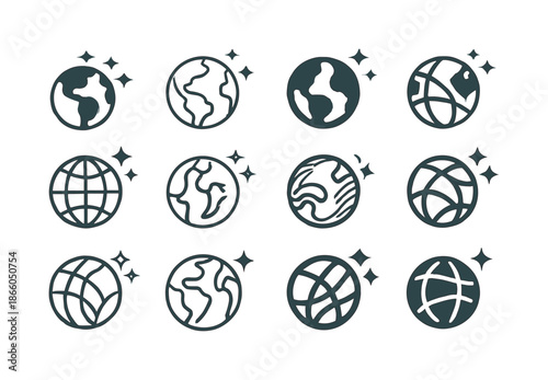 Universal Logo Variations. Universal. Icon set. Set Logo of Universal: earth and stars. harmonious logo variations of the same emblematic concept, each with