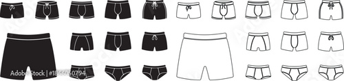 Vector Set of Men's Underwear Types, Black Silhouettes and Line Art Outlines isolated PNG with Transparent Background