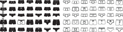 Collection of Men's Underwear Vector Icons. Black and Outline Designs of Briefs, Boxers, Trunks. isolated PNG with Transparent Background