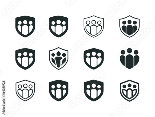 Teamwork Icon Variations. Teamwork. Icon set. Set Logo of teamwork: unified shield. harmonious logo variations of the same emblematic concept, each with