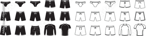 Set of Swimwear and Underwear Apparel Icons. Black Silhouettes and Outline Vector Templates. isolated PNG with Transparent Background