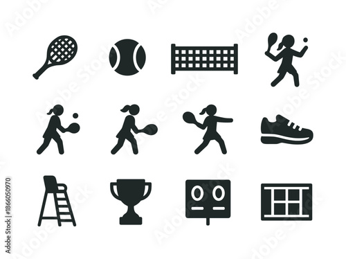Tennis Icons Grid. Tennis. Solid icon set of tennis: tennis racket, tennis ball, net, serve, volley, backhand, forehand, tennis shoes, umpire chair, trophy,