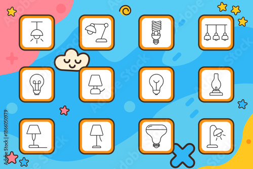 Lighting set icon. Ceiling lamp, desk lamp, spiral bulb, chandelier, table lamp, incandescent, oil lamp, spotlight, switch, illumination, decor. Interior, electricity, fixture, home.