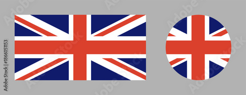 United Kingdom flag round, rectangular icon. UK flag symbol. Set of British flag in circle, rectangle. Circular button, banner. National sign.