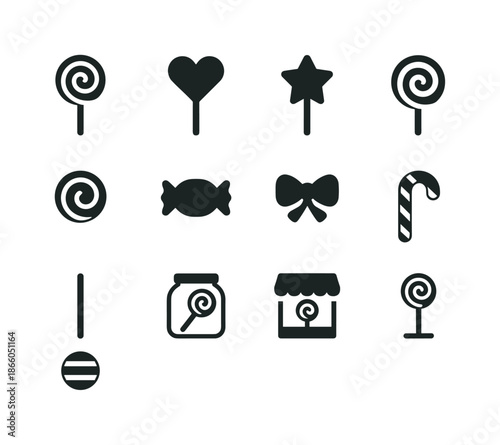 Lollipop Icons Collection. Lollipops. Solid icon set of Lollipops: swirl lollipop, heart lollipop, star lollipop, spiral candy, wrapped candy, bow, stick, jar,