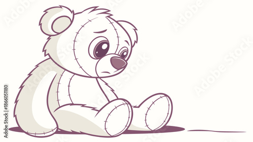 Adorable teddy bear with stitched fur and sad expression