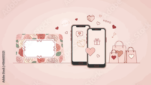 Valentine's Day shopping and messaging on mobile phones with gifts