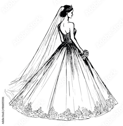 Hand drawn line art illustration of a beautiful bride depicting a flowing wedding dress and veil for fashion and wedding design