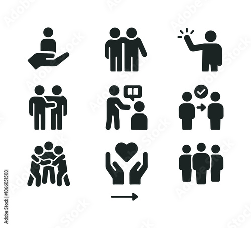 Team Support Icons. Team Support. Solid icon set of Team Support: helping hand, supportive gesture, encouragement icon, buddy system, peer help, knowledge