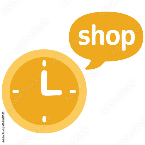 Circular clock showing time next to blue speech bubble with word Shop vector isolated