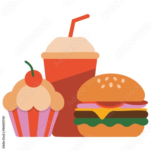 Fastfood meals vector illustration hamburger with lemonade and cake unhealthy nutrition