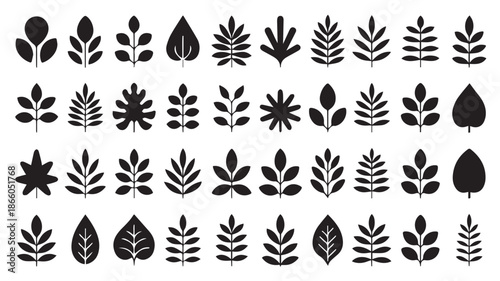 Collection of black silhouette leaves and foliage illustrations on a white background.