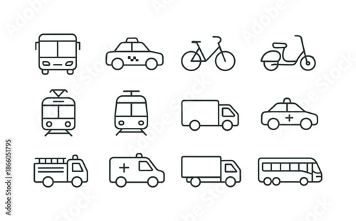 Town Transport Icons. Town Transport. Line icon set of Town Transport: bus, taxi, bicycle, scooter, tram, train, delivery van, police car, fire