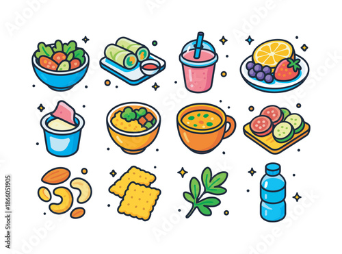 Colorful Light Meal Icons. Light Meals. Colorful isometric vector icons set of Light Meals: salad bowl, fresh rolls, smoothie cup, fruit plate, yogurt cup,