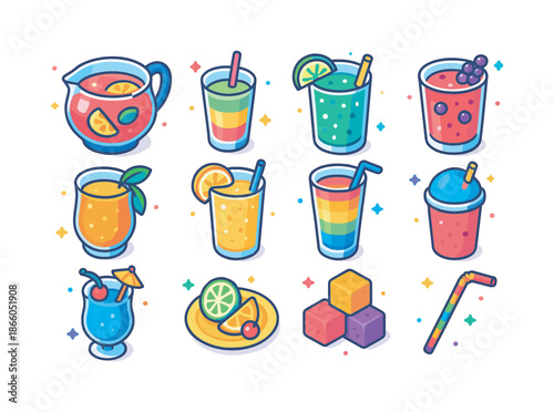 Colorful Refreshment Icons. Colorful Refreshments. Colorful isometric vector icons set of Colorful Refreshments: fruit punch, layered smoothie, citrus soda,