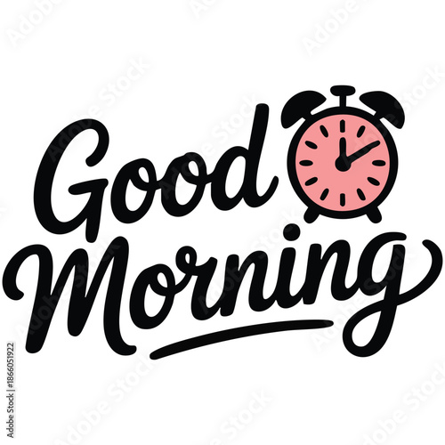 Professional illustration of good morning text with alarm clock ringing isolated vector