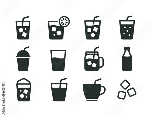 Refreshment Icon Set. Refreshing drinks. Solid icon set of refreshing drinks: cold brew coffee, iced tea, lemonade, soda, smoothie, water glass, mason jar,