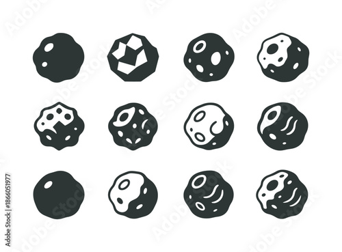 Asteroid Logo Variations. Asteroids. Icon set. Set Logo of Asteroids: single rocky asteroid. harmonious logo variations of the same emblematic concept, each