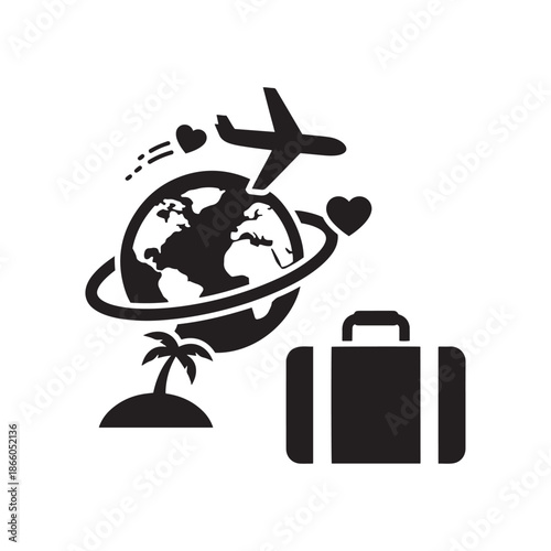Romantic honeymoon and global travel concept featuring hearts, airplane, globe, palm tree, and suitcase for love-themed trips.