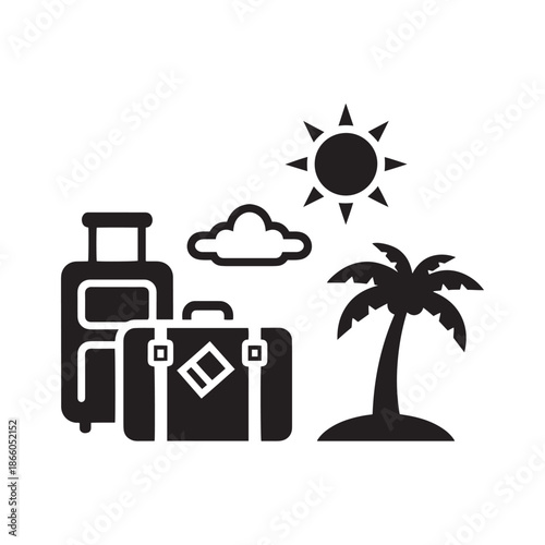 Summer vacation travel icons with suitcase, luggage, palm tree, sun, and cloud for holiday planning.