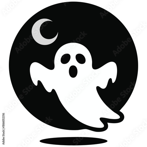 Halloween ghost silhouette with moon and bats vector illustration isolated on white