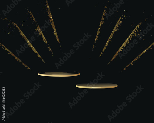 Golden platforms illuminated by radiant light bursts a dramatic stage presentation