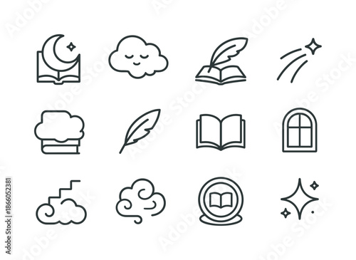 Dreamy Book Icons. Dreamy book world. Line icon set of dreamy book world: moon book, dream cloud, floating island book, star trail, cloud cover, magic quill,