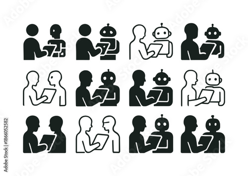 Robot Control Logos. A person controlling a robot via a tablet. Icon set. Set Logo of A person controlling a robot via a tablet: Human Silhouette with Robot