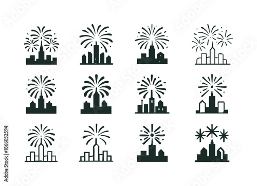 Fireworks Skyline Icons. Holiday fireworks exploding over a city skyline. Icon set. Set Logo of Holiday fireworks exploding over a city skyline: city tower