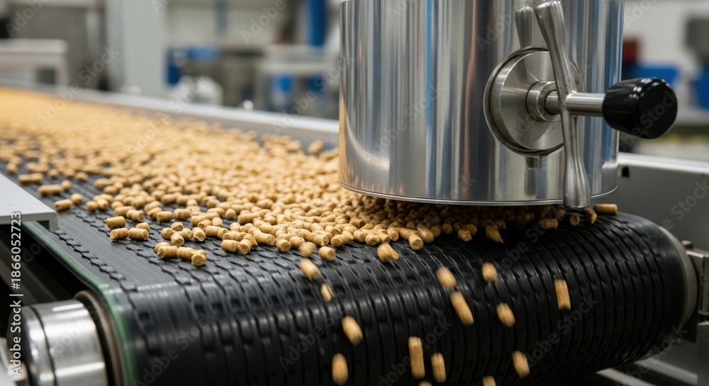 Naklejka premium Industrial conveyor belt processing small food pellets at a manufacturing factory, showcasing efficient production line operations.