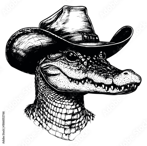Hand drawn line art illustration of an alligator depicting a cowboy character for western branding