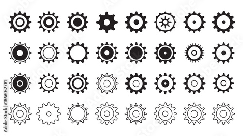 A collection of black and white gear icons on a plain white background viewed from directly above.