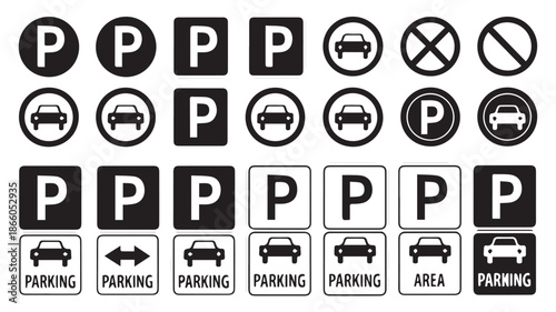 Collection of parking signs and symbols displayed on a white background