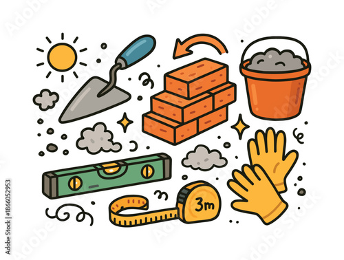 Colorful Bricklaying Tools. Bricklaying Tools. Colorful Hand-drawn doodle Children illustration trowel, bricks, mortar bucket, gloves, spirit level, measuring