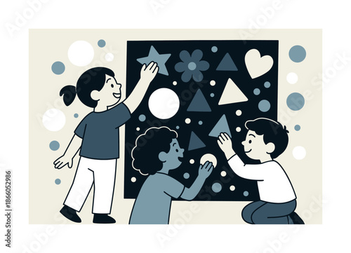 Colorful Sticker Fun. Sticker art. Kids place stickers on a large board filled with shapes and colors, bubbles of excitement floating around. Simple joy in