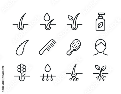 Hair Growth Icons. Hair growth. Line icon set of Hair growth: strand, droplet, leaf, bottle, aloe, comb, brush, scalp, flower, water drop, root, sprout. All