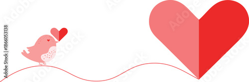 Cute pink bird carrying a small heart on a string towards a large heart