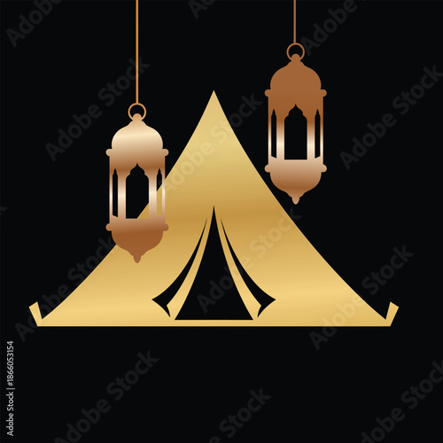 Golden tent and hanging lanterns illustration for ramadan or islamic celebration