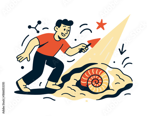 Colorful Ammonite Fossil. Fossil. A spiraled ammonite fossil lies partially uncovered in soft sediment, glowing under a beam of sunlight. Subtle textures