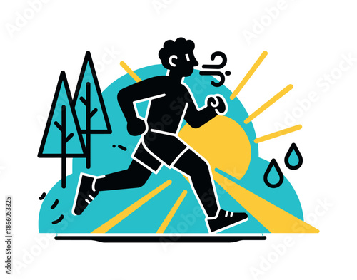 Sunrise Jog Momentum. Sunrise Jog Rhythm. A runner?s silhouette moves past tall trees while long sunrise beams stretch across the scene. Floating breath lines