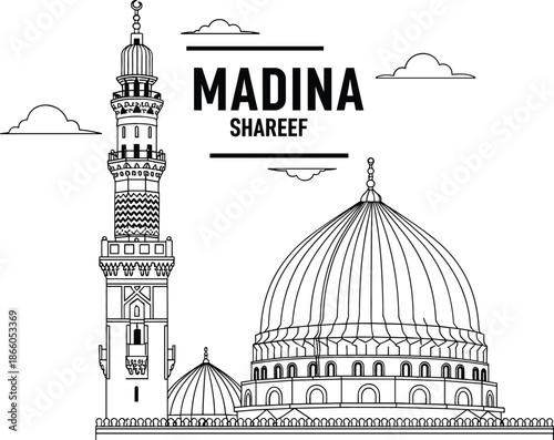 Madina Shareef vector line art illustration featuring a detailed mosque dome minaret and clouds on a white background.