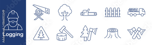 Logging set icon. Worker, saw, tree, chainsaw, fence, truck, stump, axe, sign, timber. Forestry, wood, cut, equipment, transport, danger, lumber, deforestation, tool, nature.